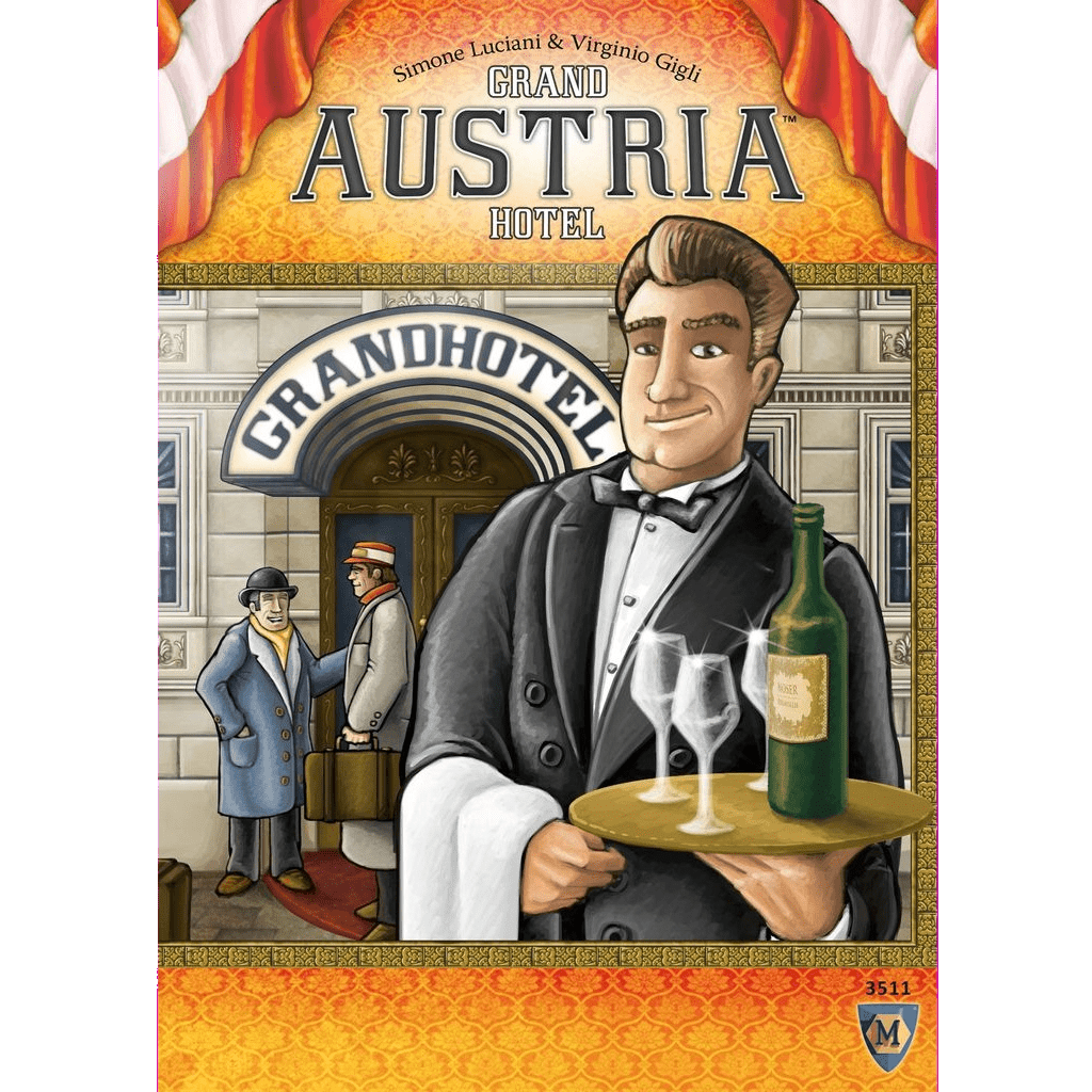 The cover art for Grand Austria Hotel by Mayfair Games features a smiling waiter with wine and glasses on a tray, welcoming two guests with suitcases at the hotel entrance.