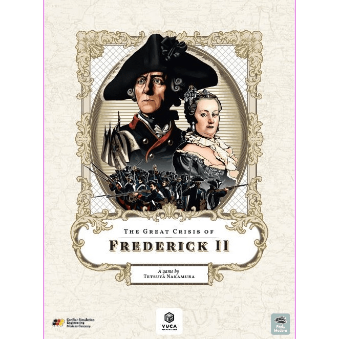 Board game cover art for Great Crisis of Frederic II by VUCA Simulations, a 7 Years' War strategy game, shows Frederick II in uniform and a woman in period dress, with soldiers and cannons amid ornate decoration.
