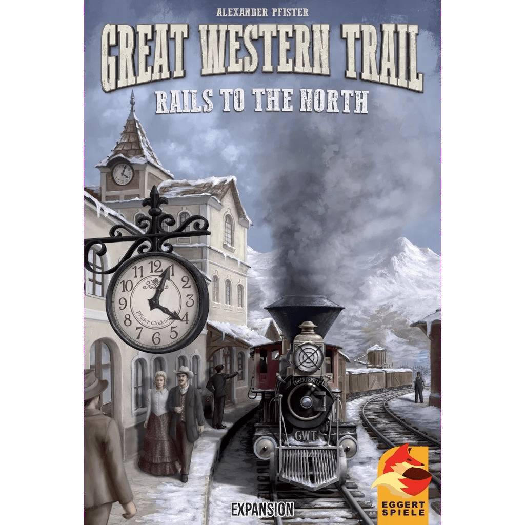 A vintage train nears a snowy station with a large clock, people in 19th-century attire, and buildings. The title “Great Western Trail: Rails to the North Expansion” and Eggert Spiele's logo appear.