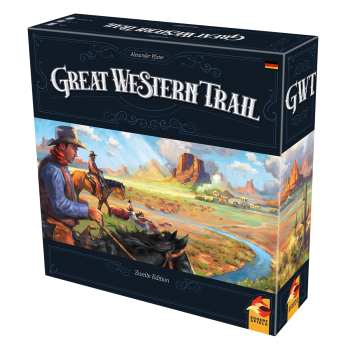 Box of Great Western Trail (Second Edition) - DE by Eggert Spiele. The cover depicts a cowboy on horseback herding cattle through a western landscape with mountains and plains beneath a blue sky.