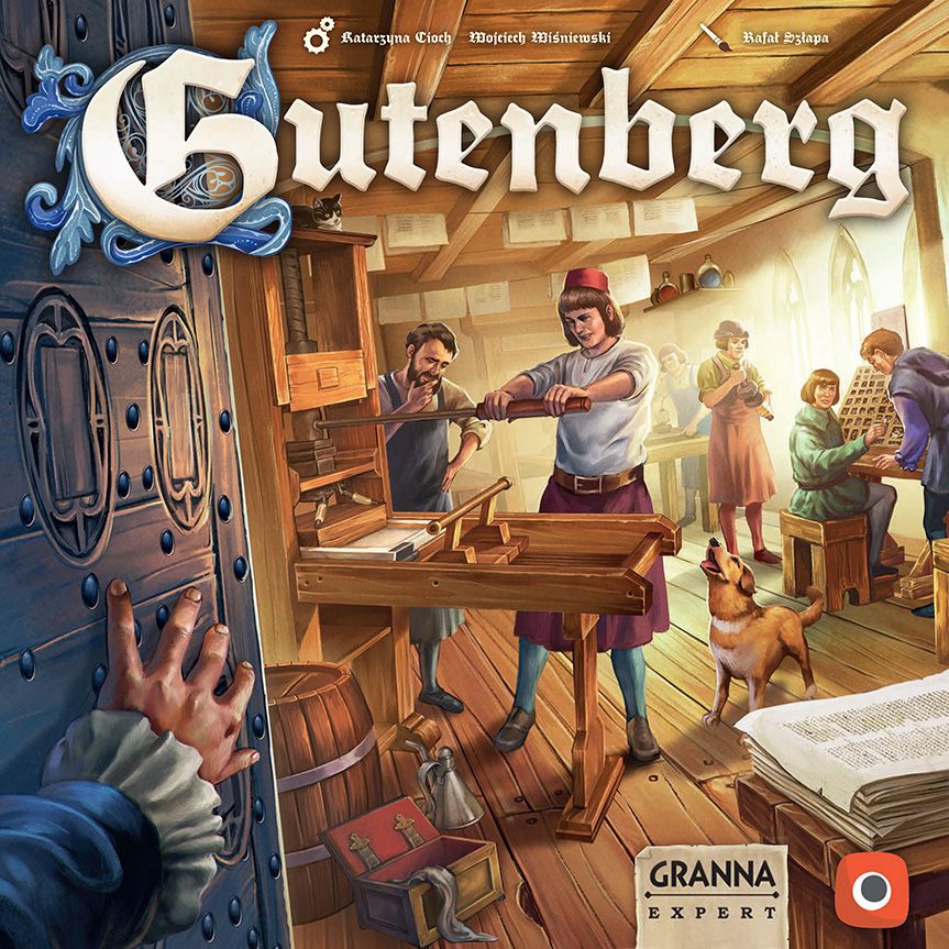 A lively workshop scene features people operating a large printing press with rotating gears, books and papers filling the sunlit room. A dog stands nearby as someone opens a wooden door. The title Gutenberg by Granna appears at the top.