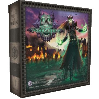 Box cover of HEXplore It: The Valley of the Dead King by Mariucci J. Designs, showing a skeletal, crowned king with glowing green magic, dark robes, and a burning village in the background.