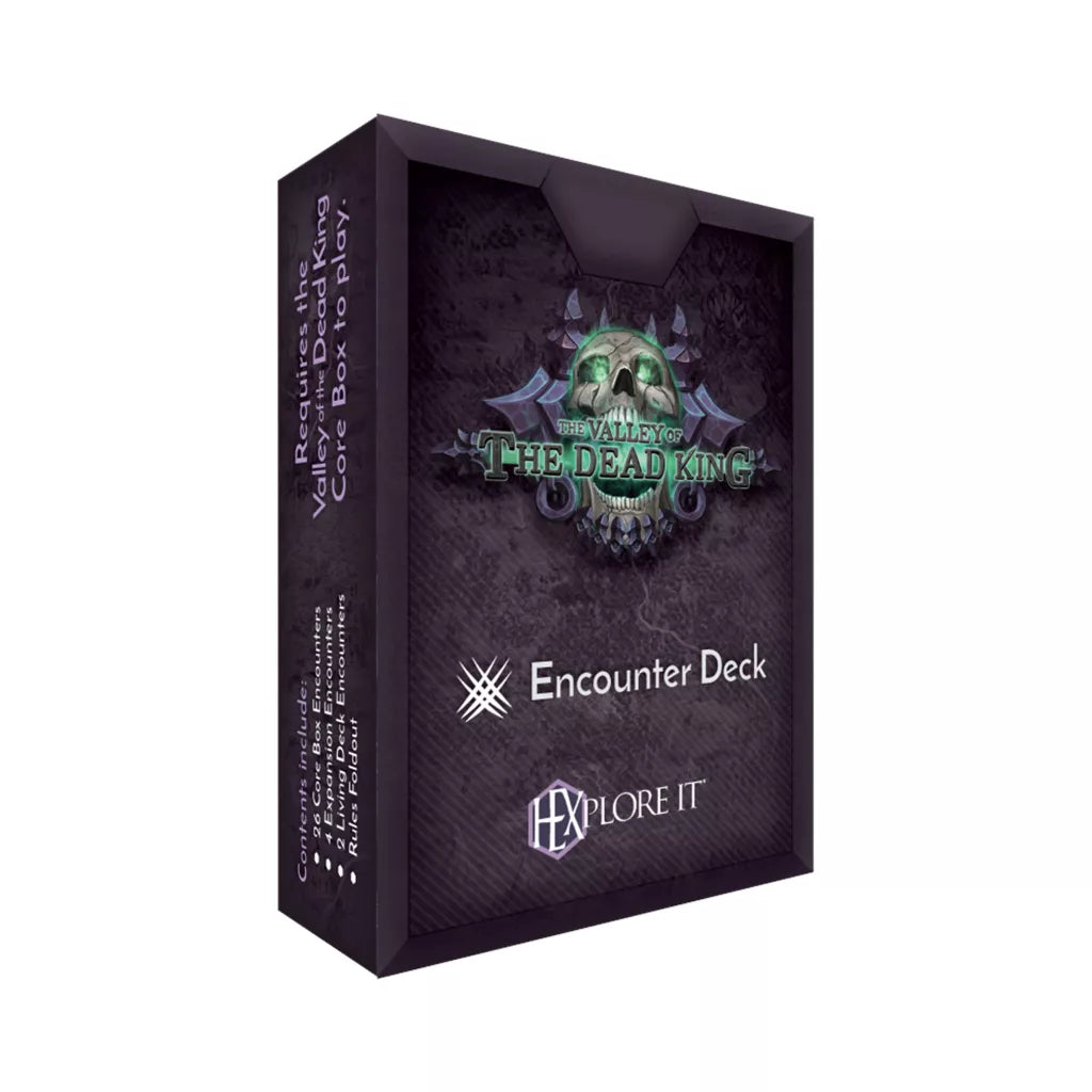The HEXplore It: The Valley of the Dead King – Encounter Deck by Mariucci J. Designs features a skull logo and dark design. The box stands upright against a white background, reflecting the game's mysterious atmosphere.