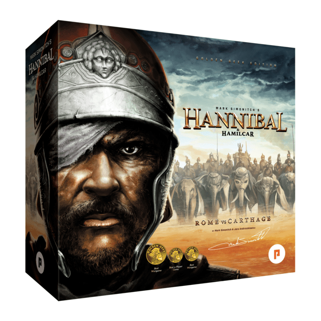 Box art for Phalanx's Hannibal & Hamilcar: Golden Geek Edition shows a helmeted warrior up close, with armored soldiers and a dramatic sky behind. Several award icons are visible on the 2-player board game.
