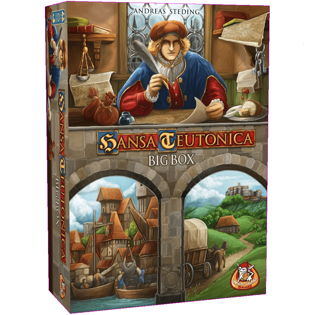 A box for Hansa Teutonica: Big Box NL by White Goblin Games displays medieval art: a merchant writes at a desk above, with a lively Duitse Hanze town—carts and villagers—seen below through stone arches.
