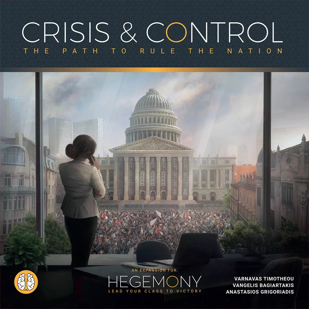 A woman on the phone stands by a large window, gazing at a crowd near a domed government building. The scene hints at shifting power. Text: Hegemony: Lead Your Class to Victory – Crisis & Control Expansion by Hegemonic Project Games.