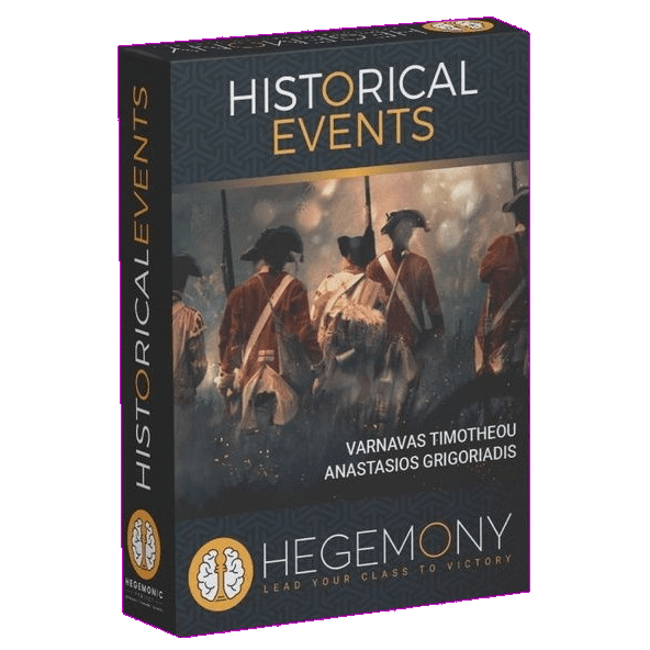 The Hegemony: Lead Your Class to Victory – Historical Events Expansion by Hegemonic Project Games features a box with people in historical attire, the Hegemony logo, and showcases a new historical events deck for immersive gameplay.