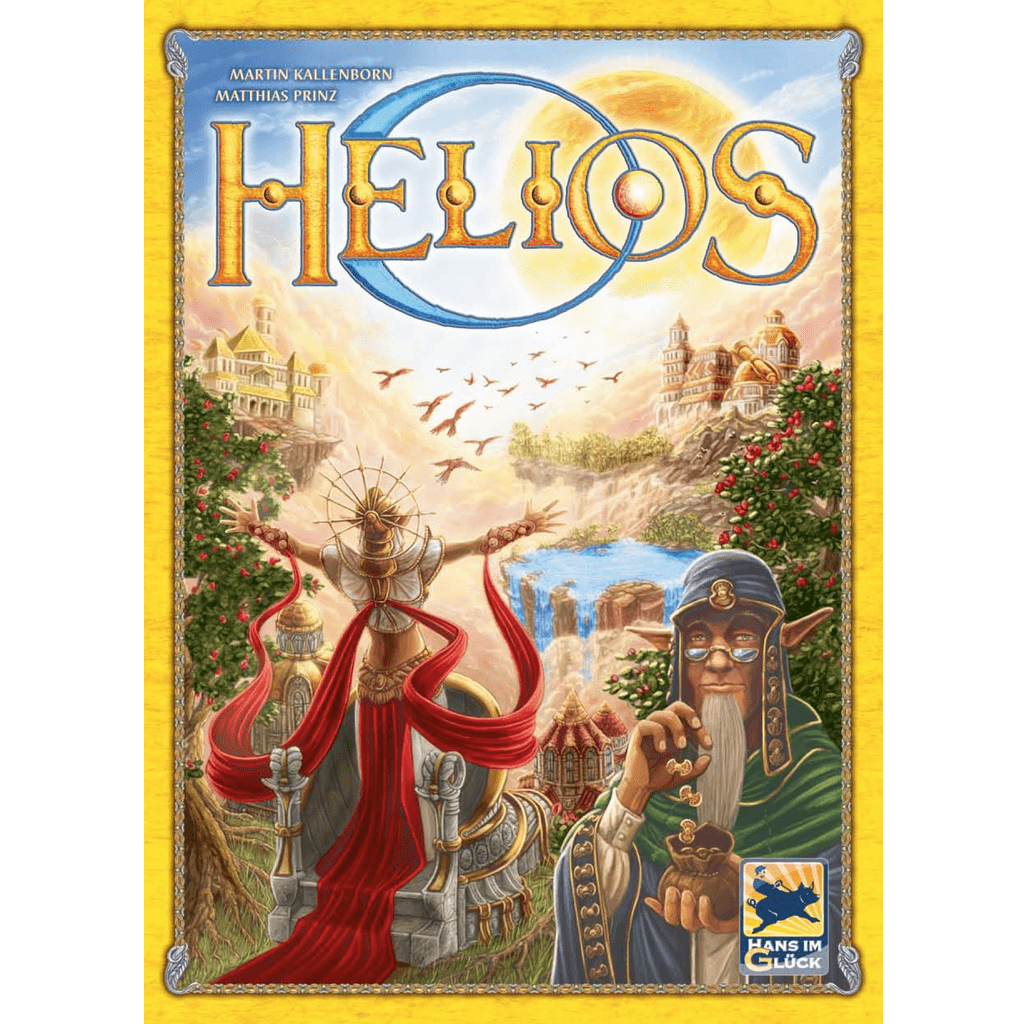 The cover of Helios by Z-Man Games features a robed figure with a golden sun crown raising their arms toward the radiant sun, while a city stretches behind and a wise old man holding a globe hints at deep sun god strategy gameplay.