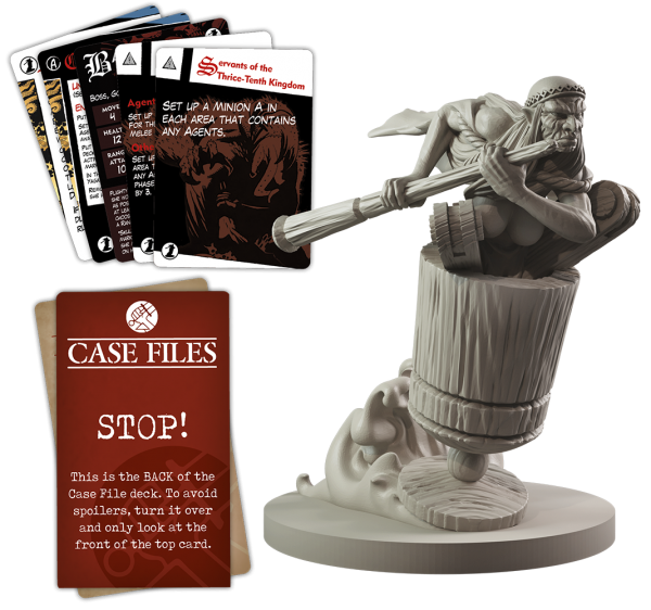 A plastic figurine of a leaping character is displayed beside a stack of Hellboy: The Board Game – Baba Yaga Monster Booster cards from Mantic Games, including a "Case Files" warning card to help players avoid spoilers.