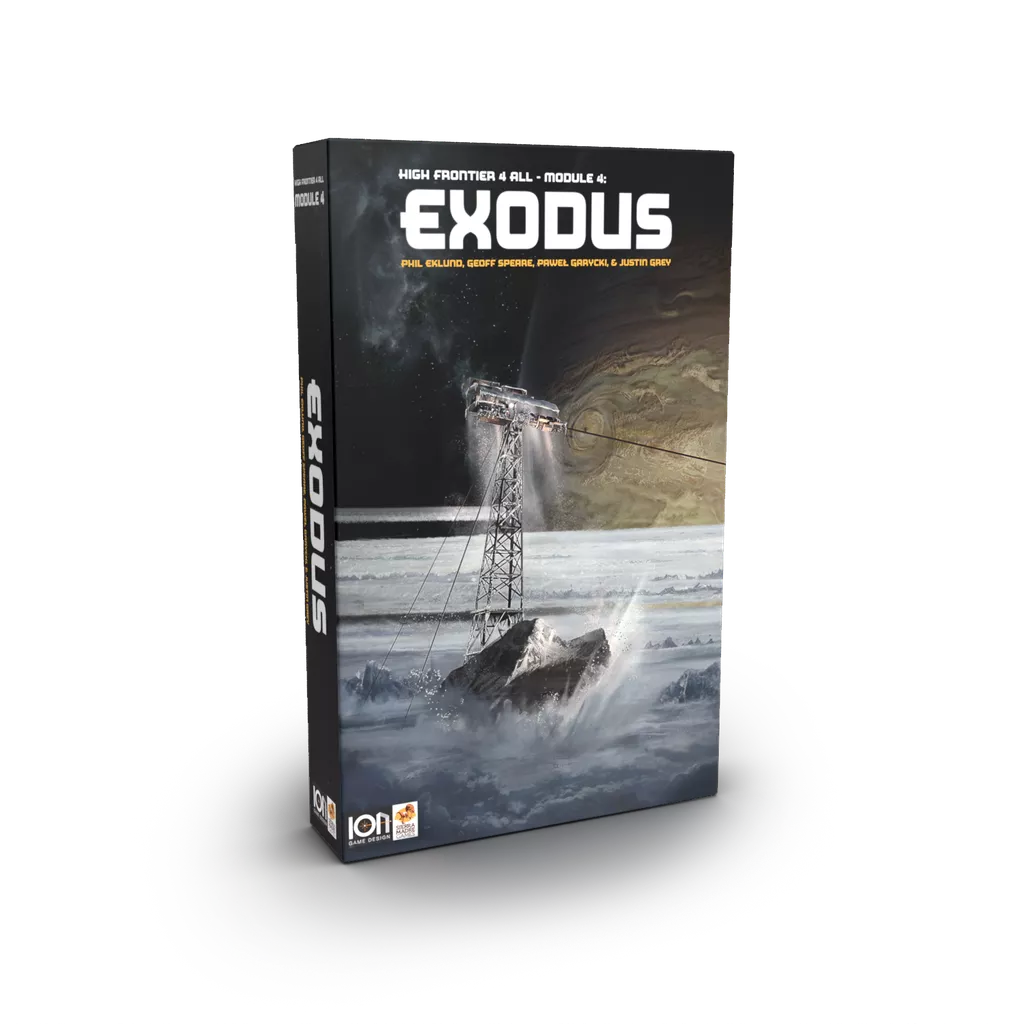 The image features the game box for High Frontier 4 All: Module 4: Exodus by Ion Game Design, with sci-fi art of a ship on ice and a distant planet, indicating it’s an expansion module for High Frontier 4 All.