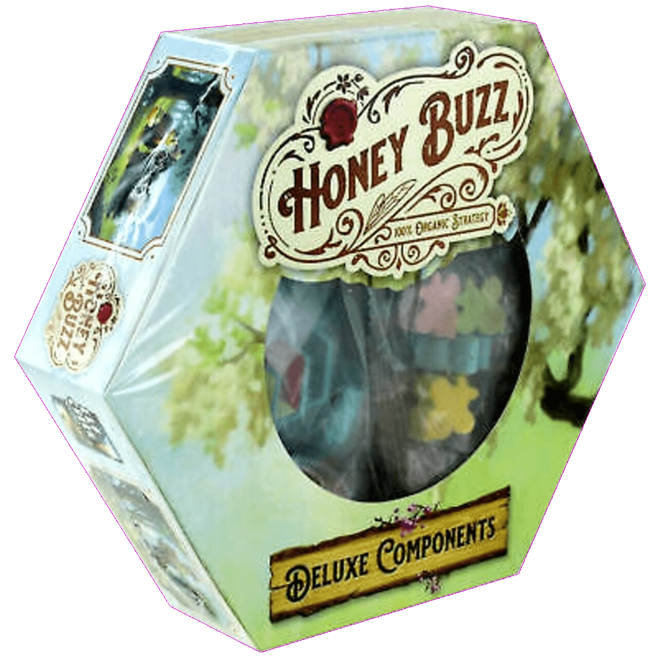 Elf Creek Games' Honey Buzz Deluxe Components come in a hexagonal box with floral art, a red rose, and a window showing vibrant resin pollen tokens plus game pieces shaped like bees and honeycombs.