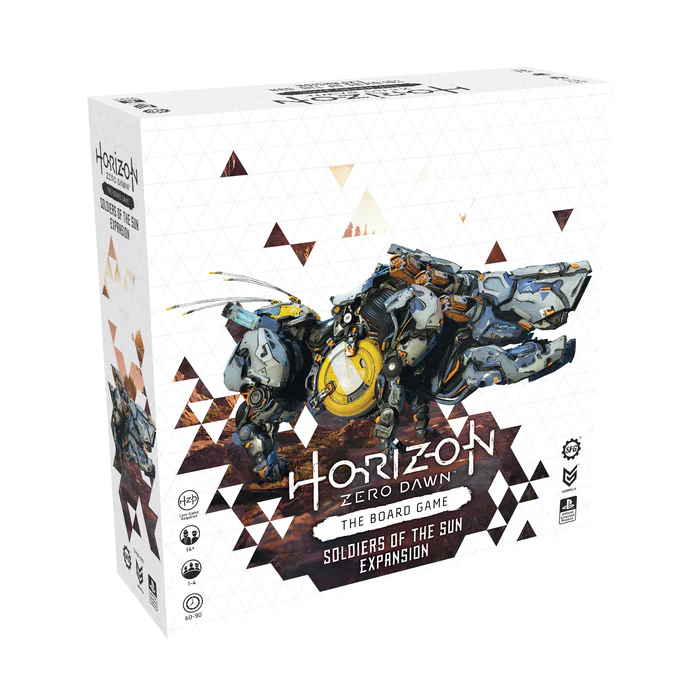 Steamforged Games' Horizon Zero Dawn: The Board Game – Soldiers of the Sun Expansion comes in a white box with artwork of a mechanical beast, geometric patterns, and Carja miniatures shown on the front.