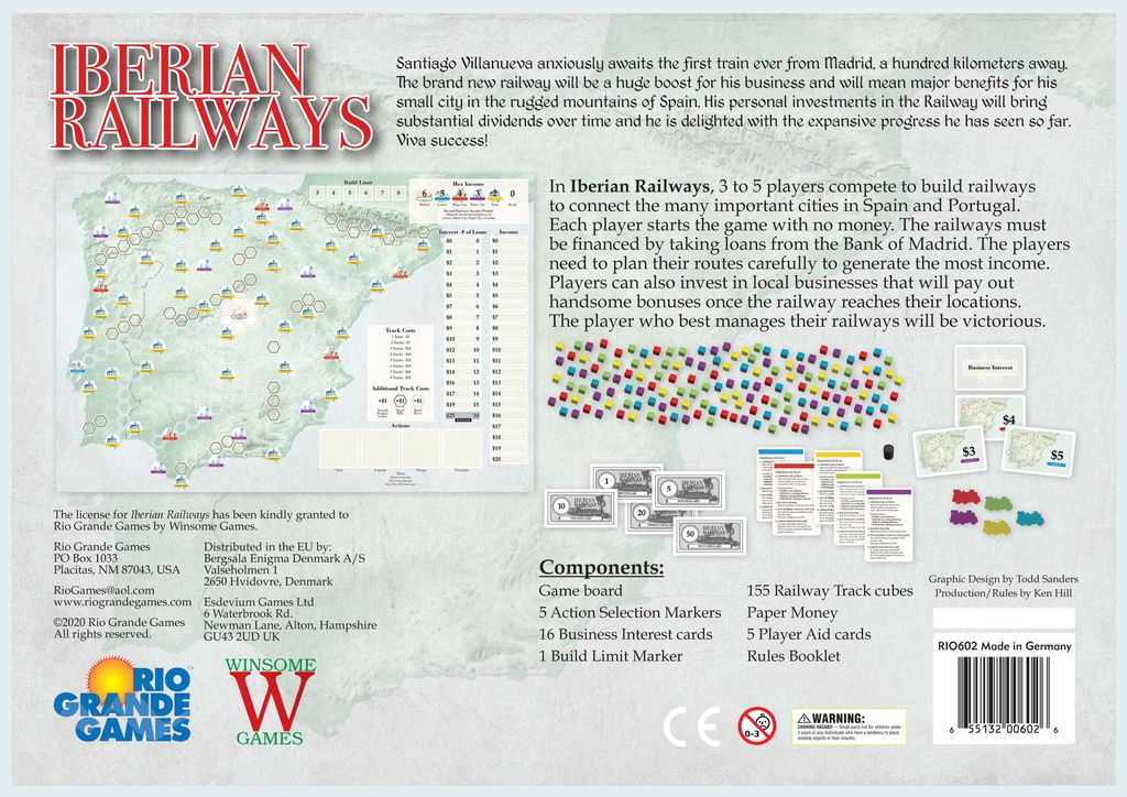 Back of the Iberian Railways board game box displays a game description, components, and images of cards, tracks, money, and pieces. Rio Grande Games logo and a brief history of Spain and Portugal are featured in the upper left corner.