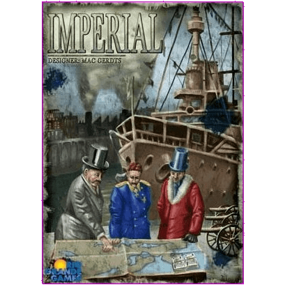 Three men in historical attire gather around a map, with a ship and industrial city behind them. The word "IMPERIAL" tops this dramatic scene inspired by the classic European game Imperial from Rio Grande Games.