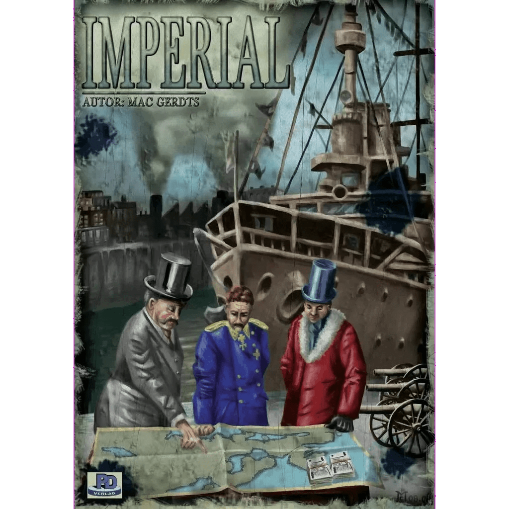 Three men in vintage formal wear study a map for this strategy game. Behind them, a ship approaches a city. "Imperial (PD Verlag)" and "Rio Grande Games" are shown at the top along with the author, Mac Gerdts.