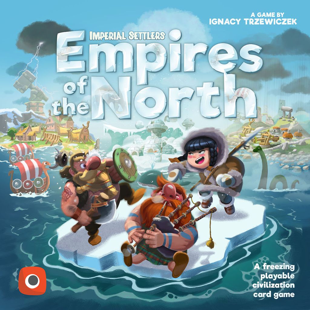 The cover of Portal Games’ Imperial Settlers: Empires of the North features animated Vikings, Inuits, ships, and a snowy village with bold icy title text and the tagline: “A freezing playable civilization card game.”.