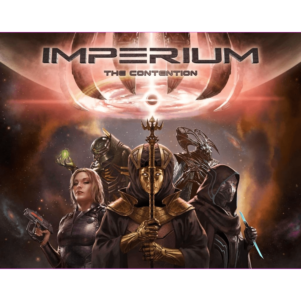 Four futuristic figures in elaborate costumes stand under a glowing symbol with “Imperium: The Contention Deluxe Edition” above—a striking scene from this cosmic 4X card game by Contention Games.
