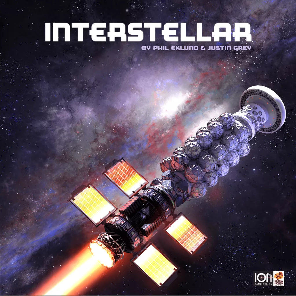 A futuristic spaceship with glowing engines soars past vibrant nebulae and stars. INTERSTELLAR by Ion Game Design is displayed at the top, showcasing this cooperative strategy game.
