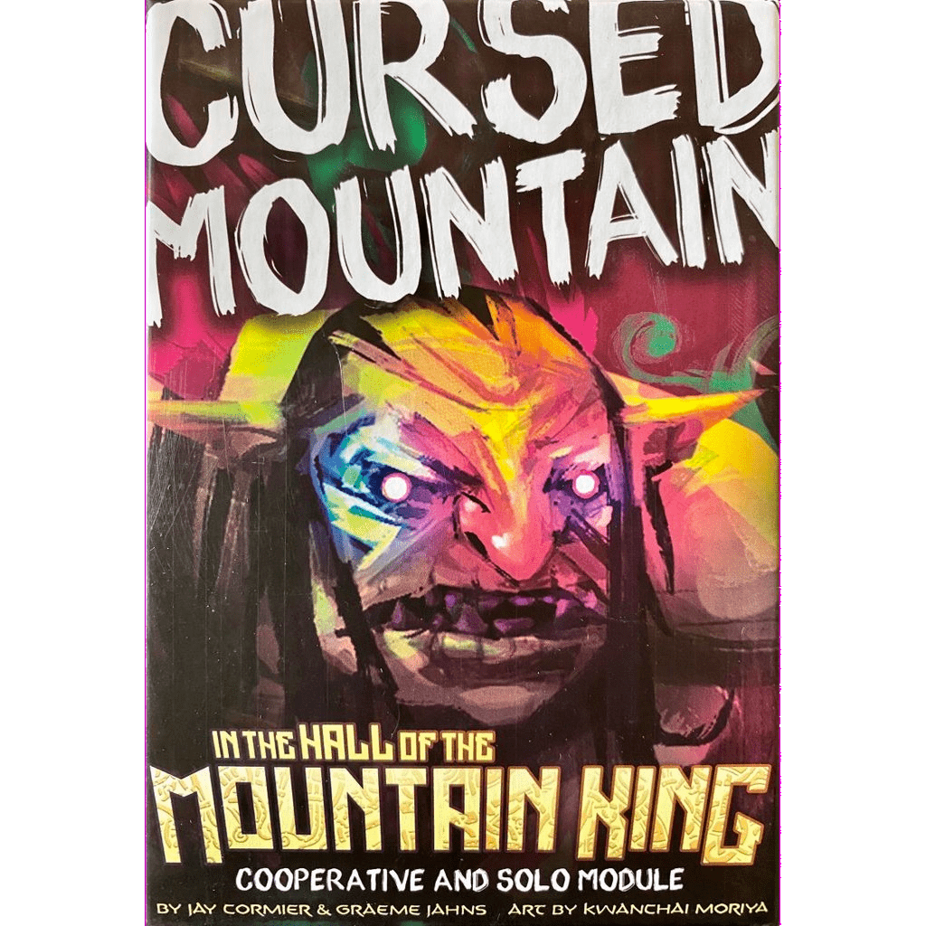 The In the Hall of the Mountain King: Cursed Mountain Expansion from Burnt Island Games features striking cover art with a vibrant troll face and glowing eyes, and adds both cooperative and solo modules for players.