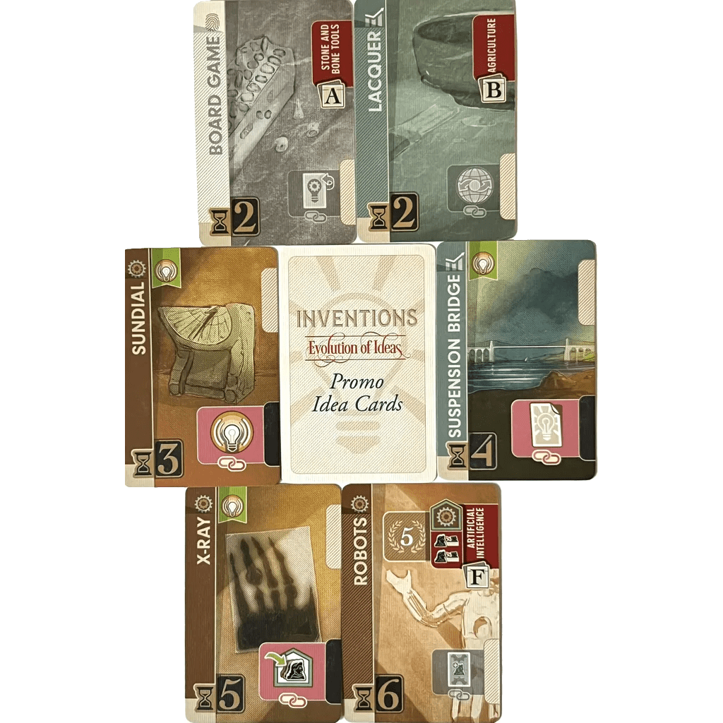 Six illustrated playing cards from the Inventions: Evolution of Ideas Including Upgrade Pack & Promo Cards Bundle by Eagle-Gryphon Games, featuring inventions like Board Game, Robots, X-ray, and more—each surrounding a central promo card.