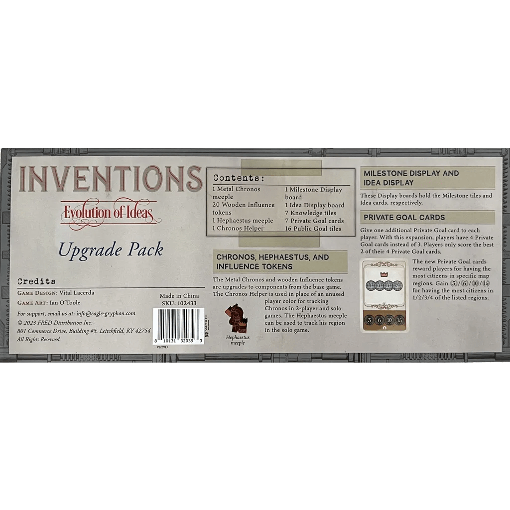 The box back for Inventions: Evolution of Ideas Upgrade Pack by Eagle-Gryphon Games lists contents like Knowledge tiles, Private Goal cards, credits, and features, with text, icons, and images of tokens, milestone display, and player boards on a gray back