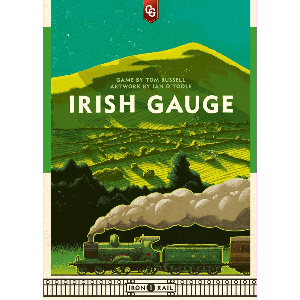 A vintage-style illustration of a green steam train in the Irish countryside highlights this train board game. The text reads: Irish Gauge (Second printing) – Capstone Games.