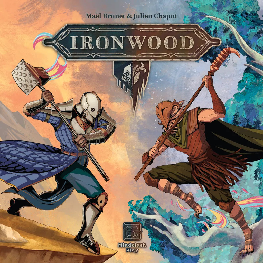 Two armored warriors battle with axes and shields under a magical sky—one in blue armor with a horned helmet, the other in brown armor and a mask. The game title Ironwood by Mindclash Games glows above them.
