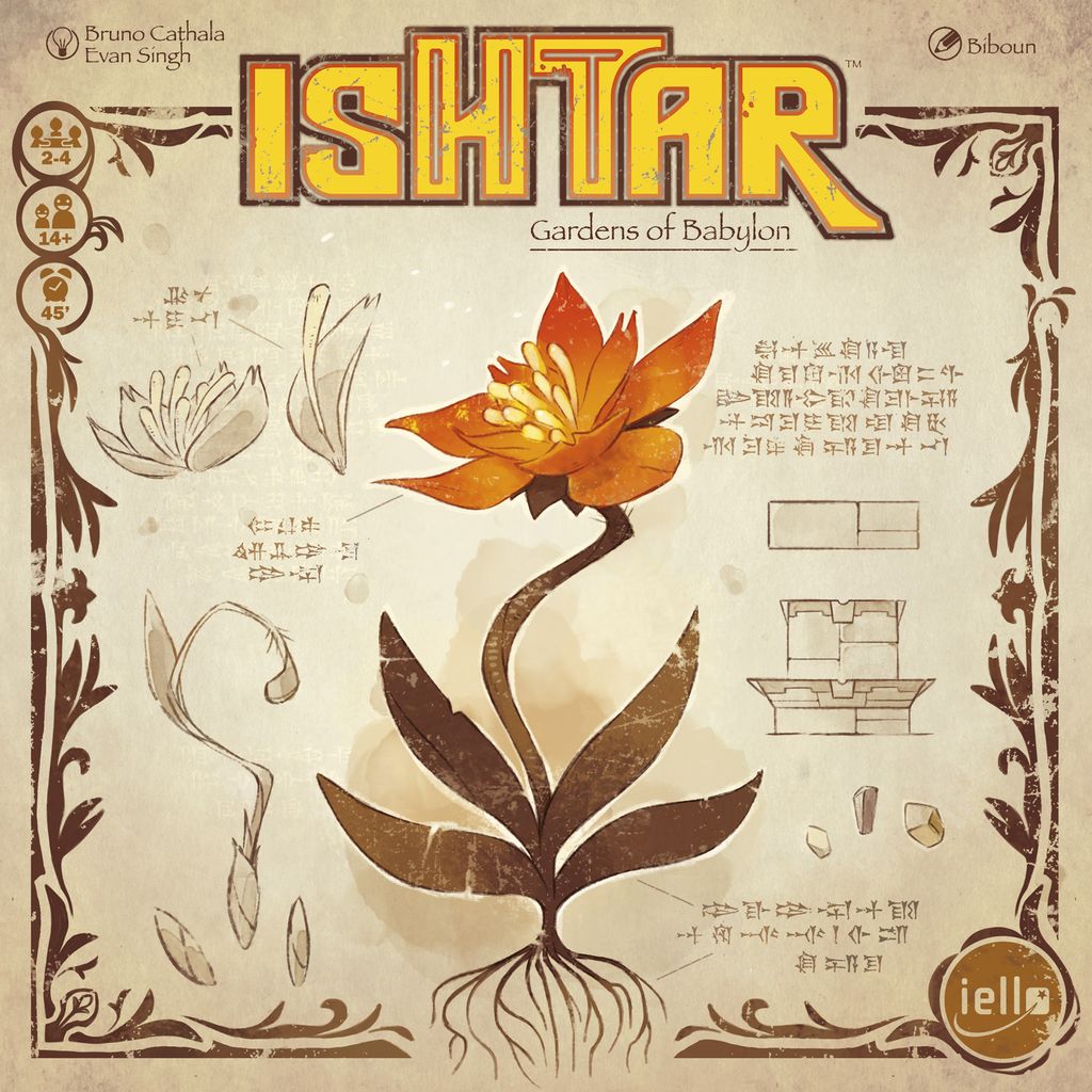 Ishtar: Gardens of Babylon by Iello features a cover with a large orange flower, botanical sketches, Babylonian cuneiform, and yellow title text on a parchment-style background for this gardening strategy board game.