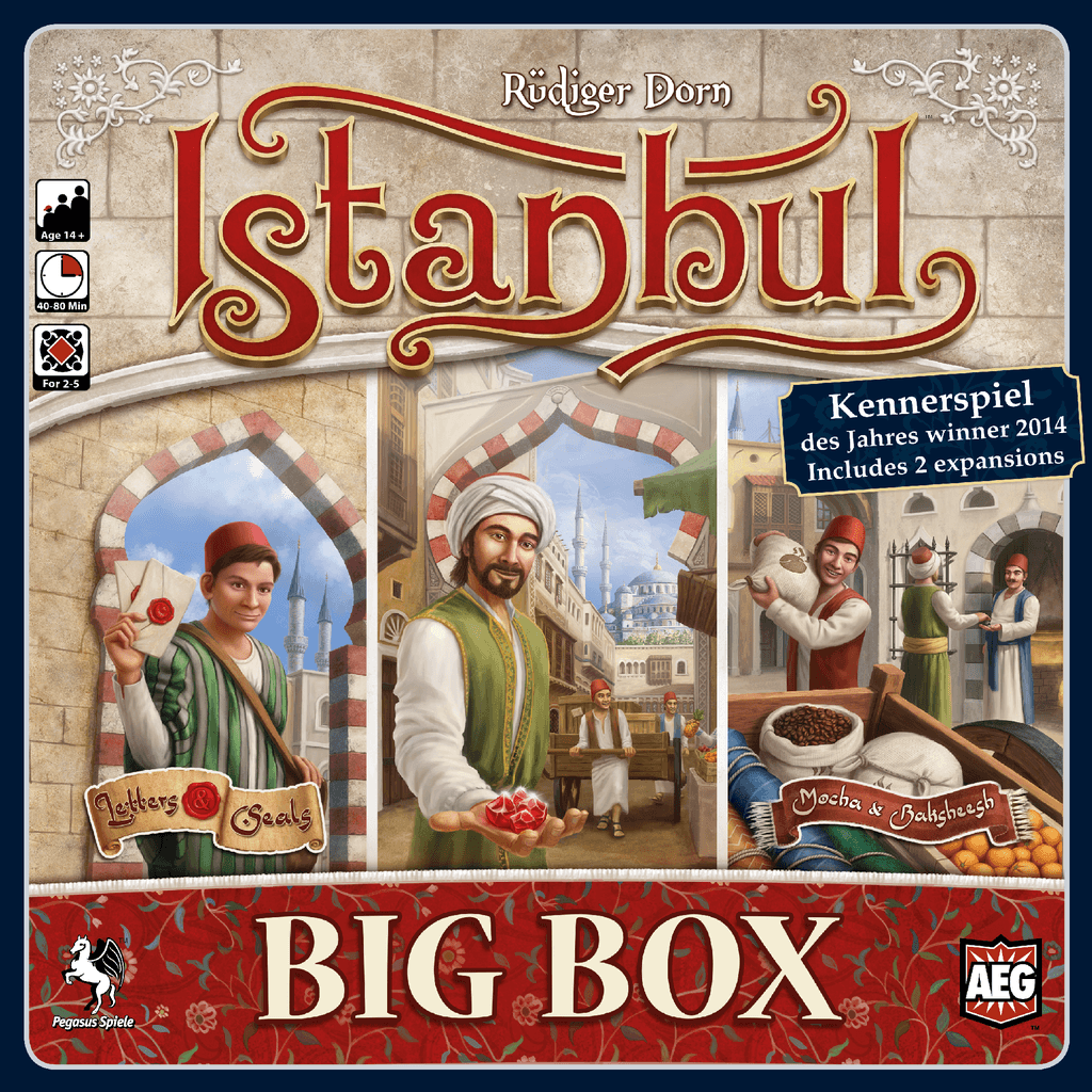 Cover of Istanbul: Big Box EN/DE by Pegasus Spiele, featuring merchants in Turkish attire within a bustling market scene. Showcases the award-winning board game and its included expansions.
