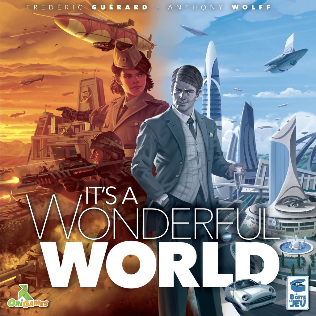A split image shows a woman in military gear with a fiery city on the left and a man in a suit with a high-tech city on the right. Text reads “It’s a Wonderful World” by Origames, an engine-building board game.