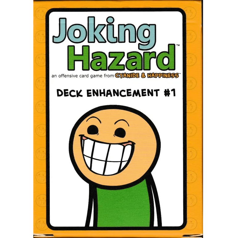 The box cover of Breaking Games' Joking Hazard: Deck Enhancement Expansions Bundle features a cartoon character with a wide, toothy grin on a yellow background, with the expansion name displayed boldly above.