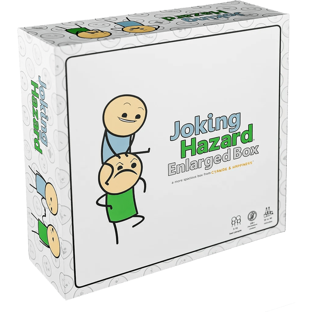 The Joking Hazard: Enlarged Box by Breaking Games is a white card box with cartoon characters—one smiling atop another, who looks annoyed. With cyan and green accents, its simple design is perfect for storing your new cards.