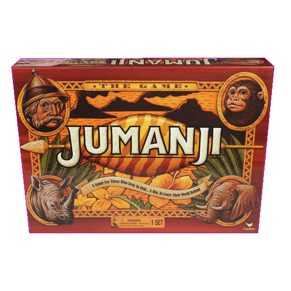 The image shows the Jumanji board game box by Cardinal, a jungle adventure game with animal illustrations—monkey, elephant, rhino, and lion—surrounding the bold “JUMANJI” title and an arrow against a lush jungle background.