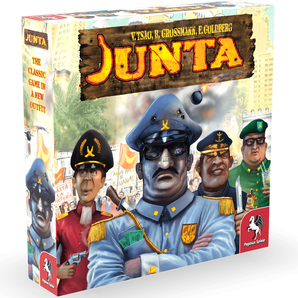 The Junta board game by Pegasus Spiele features cartoonish military officers in blue uniforms with serious expressions and a chaotic background, capturing the intrigue and betrayal at the heart of this classic strategy game.