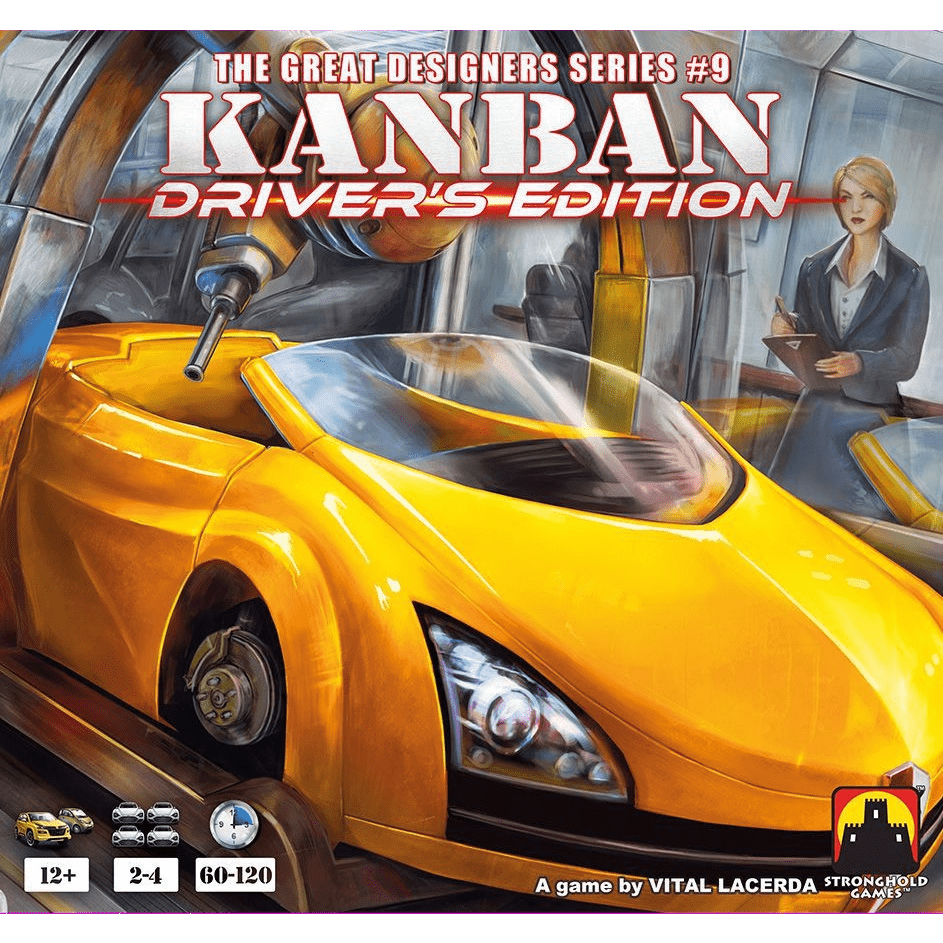 Box cover for Kanban: Driver's Edition by Stronghold Games, showing a yellow sports car in a factory and a woman with a clipboard—emphasizing assembly line management. Features product name and logos at the top and bottom.