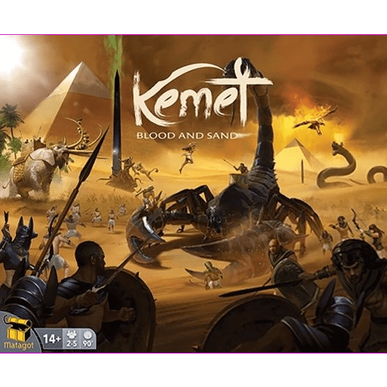 Kemet: Blood and Sand by Matagot—an Egyptian strategy board game—features ancient warriors fighting giant scorpions, snakes, and elephants among pyramids and obelisks in a sun-drenched desert.