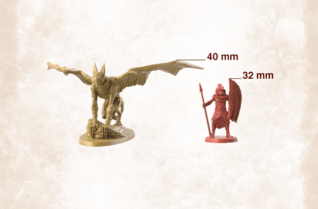 Two detailed miniatures from Matagot’s Kemet: Blood and Sand: Book of the Dead Expansion—a 40mm winged creature and a 32mm red armored warrior—stand on a light background, evoking Ancient Egypt board game themes.