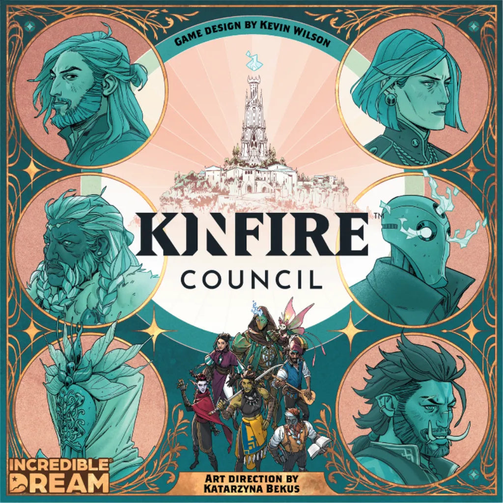 The Kinfire Council board game by Incredible Dream Studios features cover art with six fantasy characters in circular frames around a city, diverse adventurers below, and ornate borders with fantasy elements throughout the design.