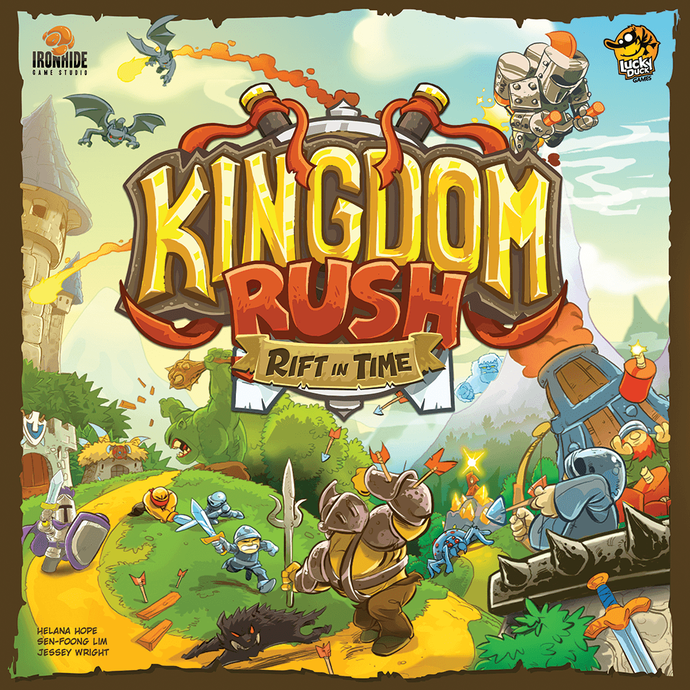 Kingdom Rush: Rift in Time by Lucky Duck Games features colorful cover art with cartoon heroes, monsters, medieval knights, mages, and robots battling in a vibrant fantasy world. The bold tower defense title appears at the center.