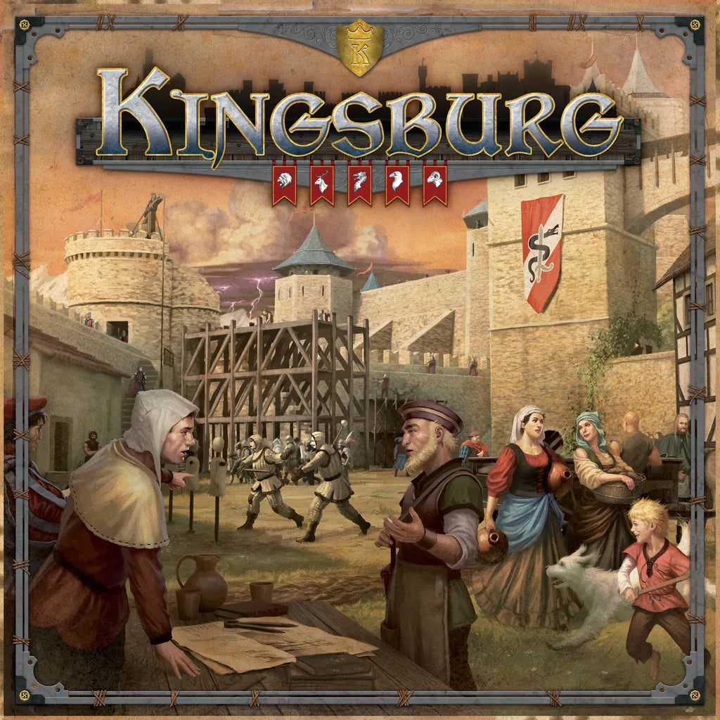 The cover of Kingsburg (Second Edition) by Giochix features a lively medieval castle with villagers, soldiers, and advisors—a perfect introduction to this immersive strategy board game.