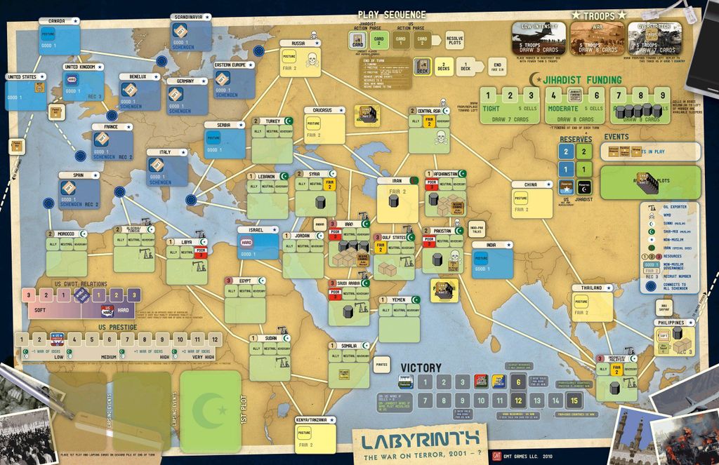 The game board for GMT Games' Labyrinth: The War on Terror, 2001–? features a map of Europe, North Africa, and the Middle East with cards, counters, and tracks reflecting al-Qaeda strategy and post-9/11 attack mechanics.