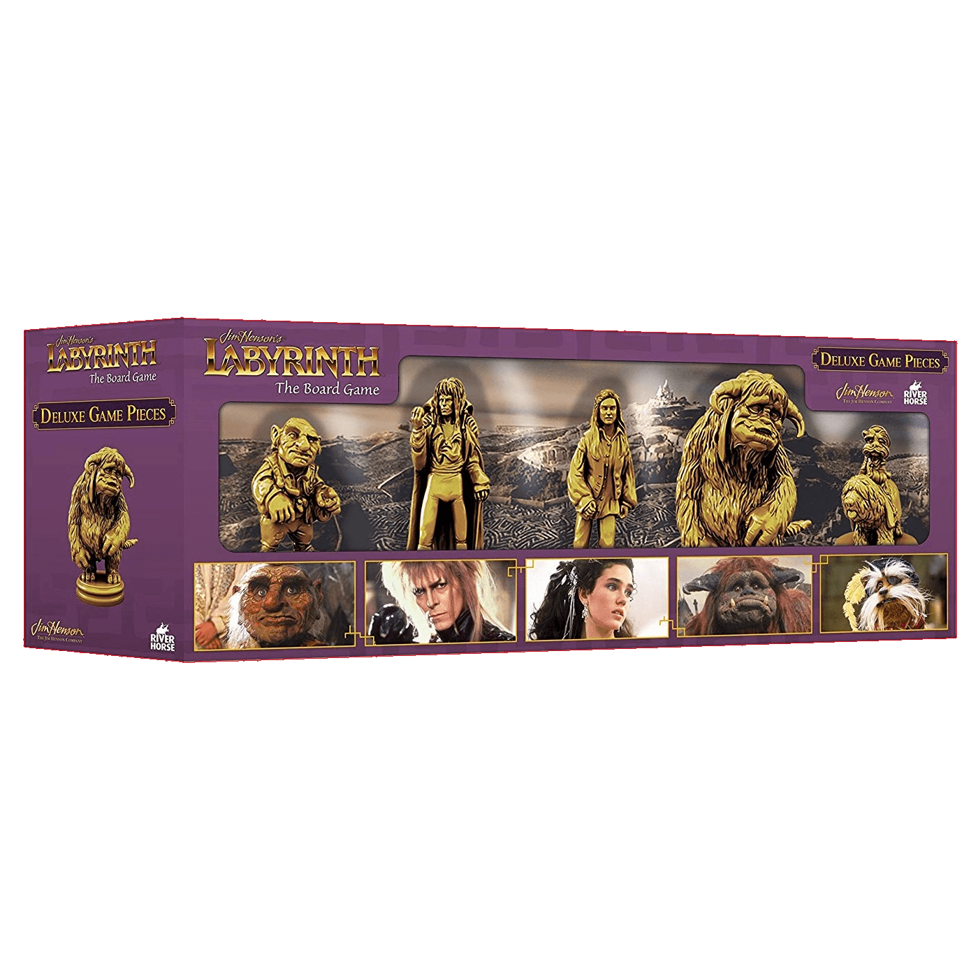 A purple box for ALC Studio’s Labyrinth Deluxe Game Pieces features gold tokens and images of the Goblin King, a girl, and fantasy creatures from Jim Henson’s classic film.