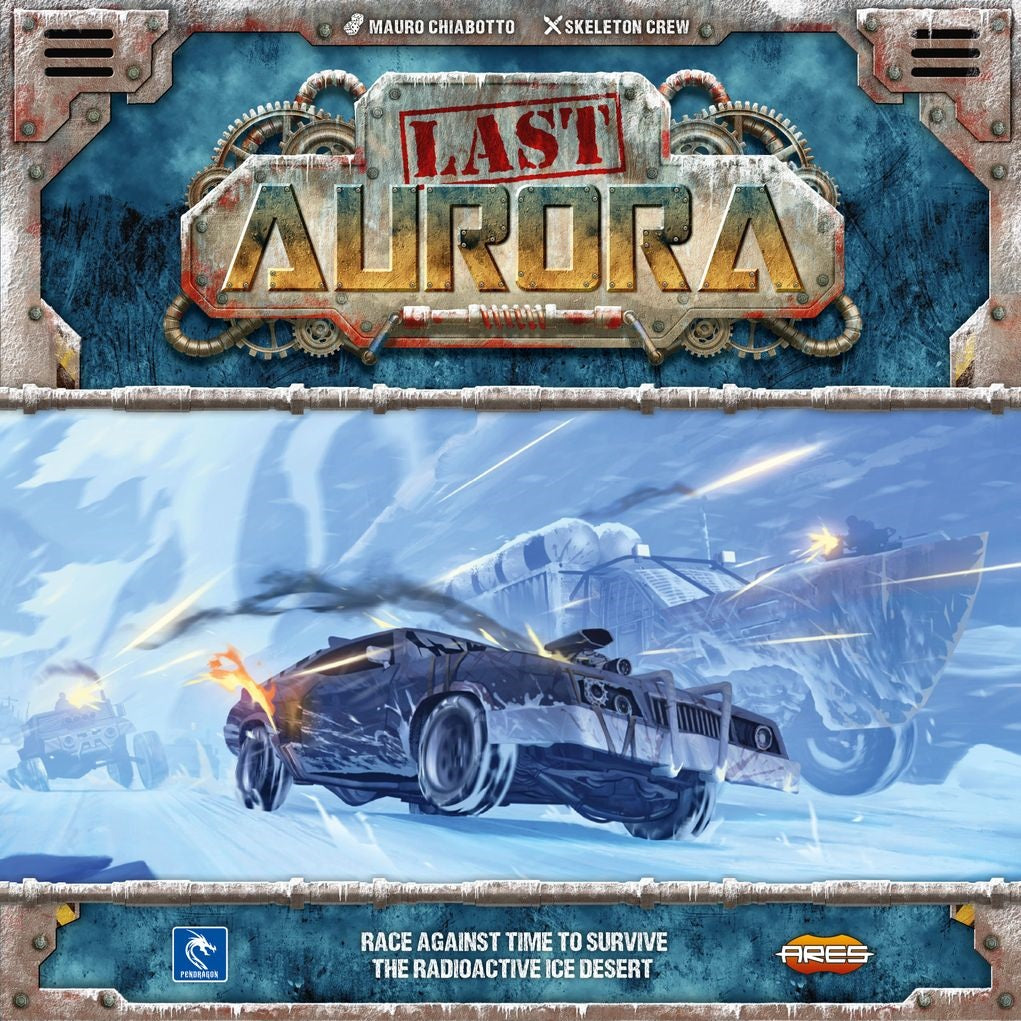Armored vehicles race through a snowy wasteland in the intense post-apocalyptic board game Last Aurora by Ares Games, with snow flying and a wrecked car behind, the game title featured prominently at the top.