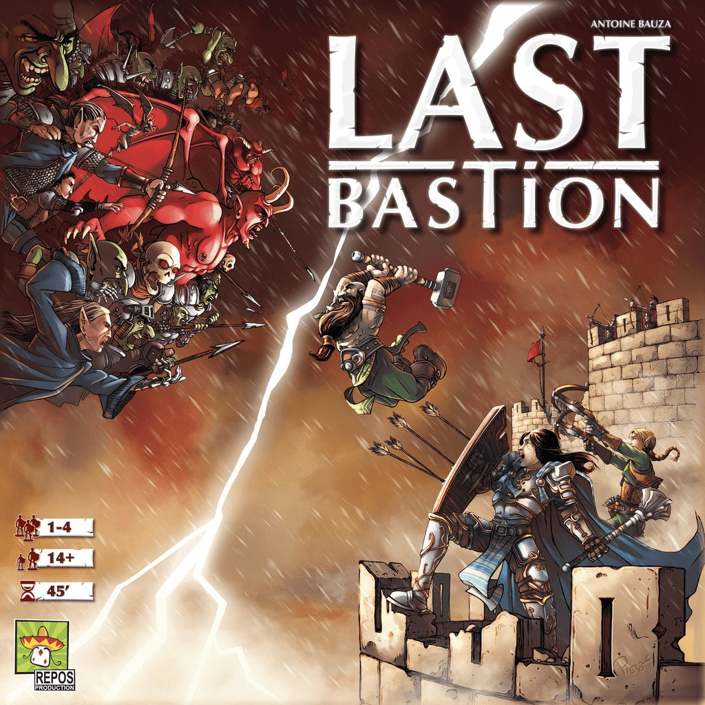 The cover of Last Bastion by Repos shows heroes defending a fortress from monsters and the Baleful Queen under a stormy sky. This cooperative game is for 1-4 players (ages 14+) and takes about 45 minutes to play.