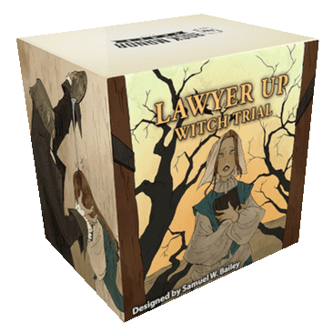 The Lawyer Up: Witch Trial Expansion box by Rock Manor Games features tense Salem witch trial artwork—a distressed woman in old attire holding a book, with a dark tree and noose—designed by Samuel W. Bailey.