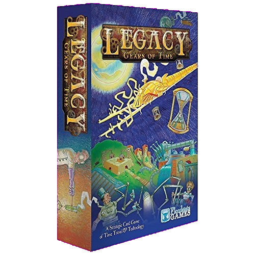 The image shows the box for Legacy: Gears of Time by Floodgate Games, a time travel board game with vibrant cover art featuring gears, an hourglass, abstract machines, and a bright sun.
