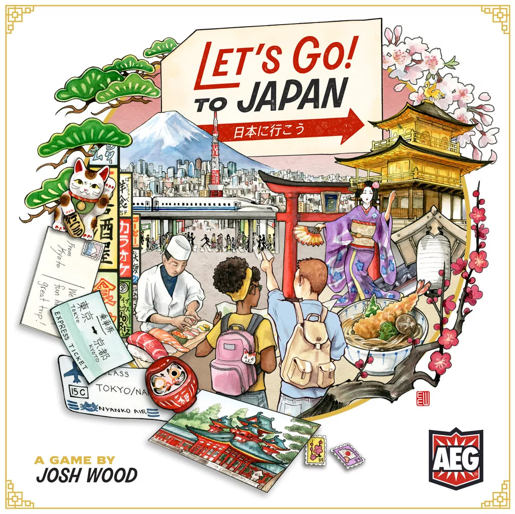 The Let's Go! To Japan board game by Alderac Entertainment Group features a vibrant cover with tourists exploring Japanese landmarks, food, Mt. Fuji, a geisha, trains, and cherry blossoms—ideal for fans of Tokyo and Kyoto adventures.
