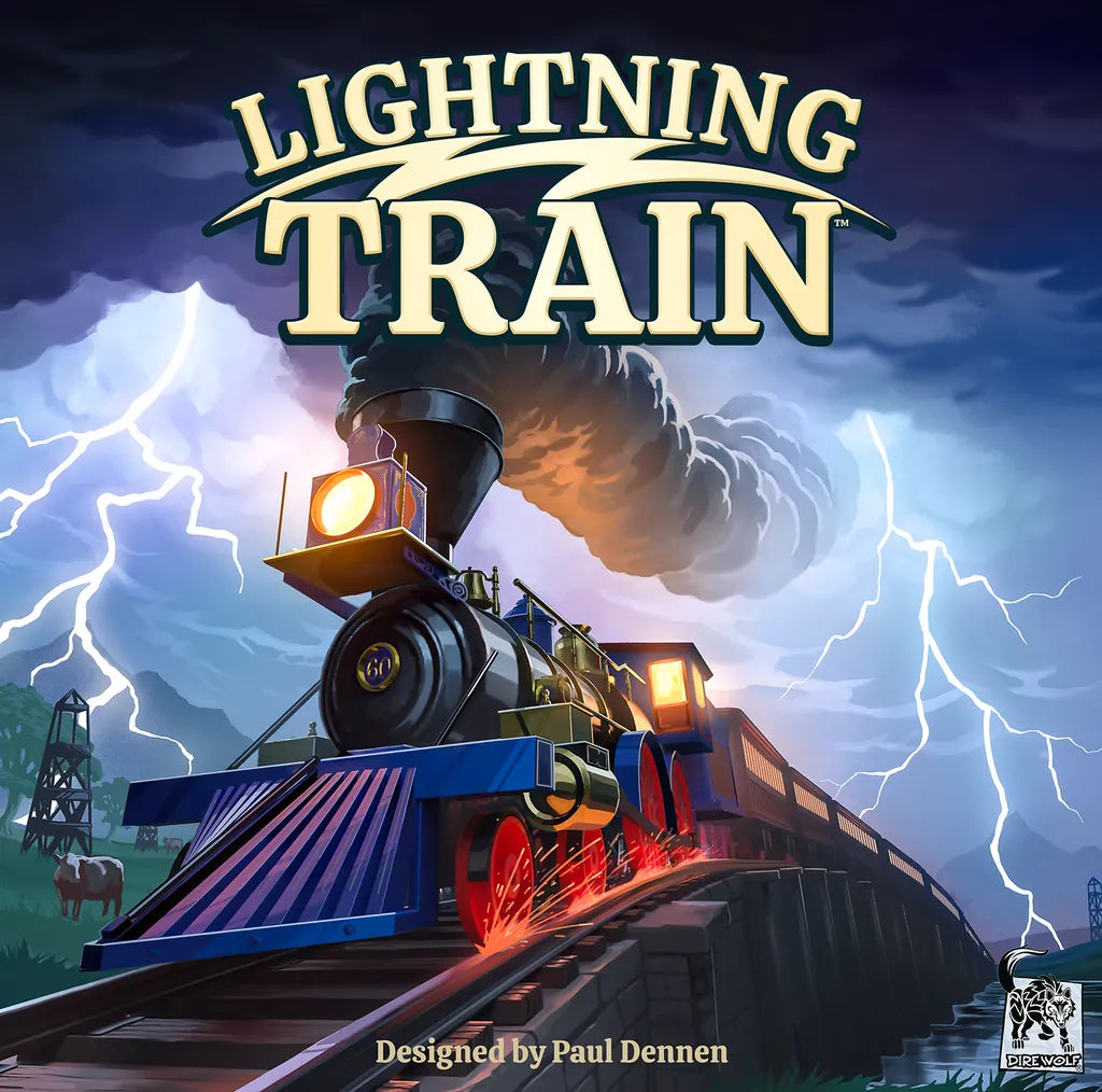 A steam train speeds through a stormy night with lightning overhead. "Lightning Train," a bold bag-building game by Dire Wolf, is titled above and credits designer Paul Dennen below.