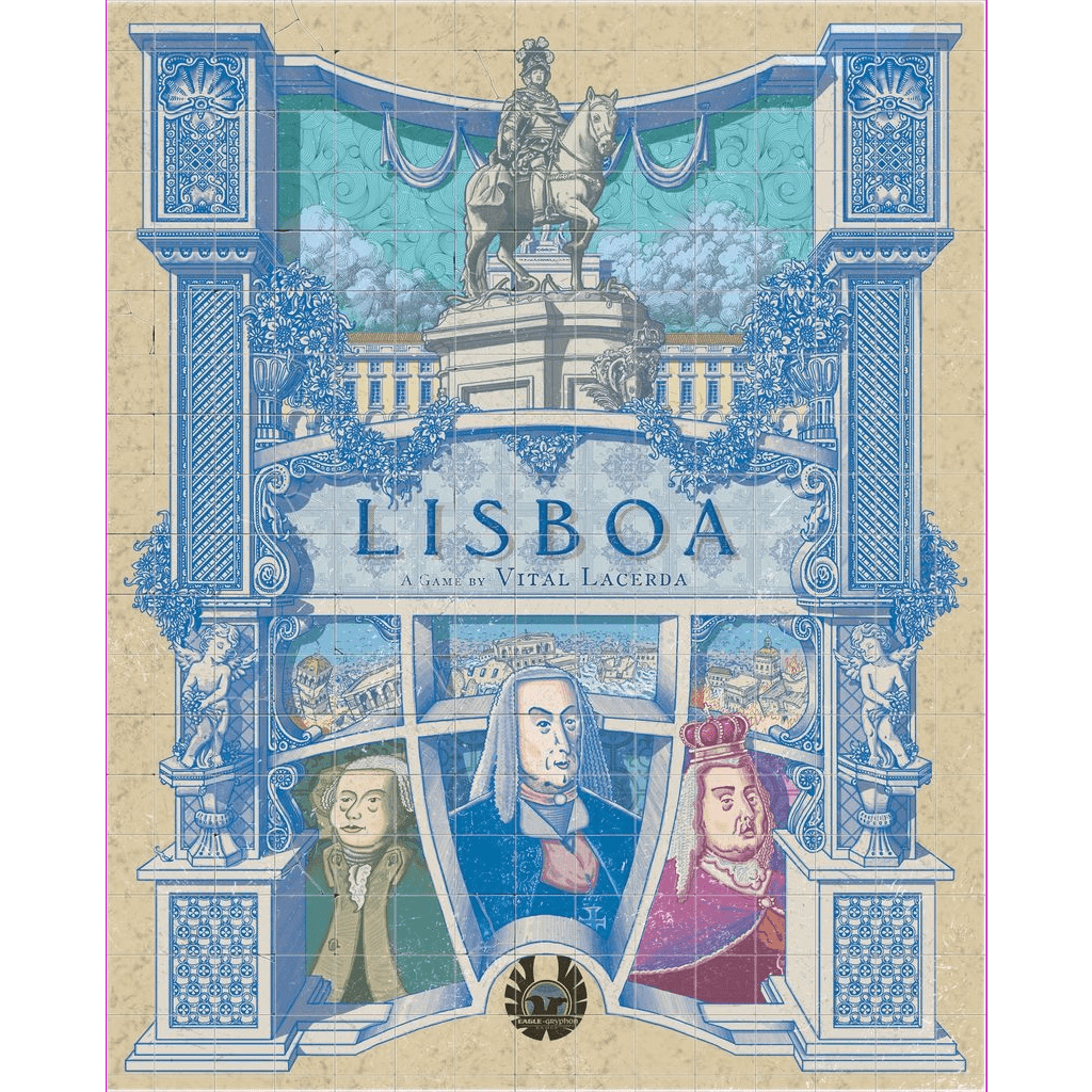 Lisboa Deluxe Edition board game cover by Eagle-Gryphon Games features ornate blue illustrations, a horse-mounted statue, three framed historical figures, and detailed architecture evoking Lisbon’s classical Portuguese reconstruction.