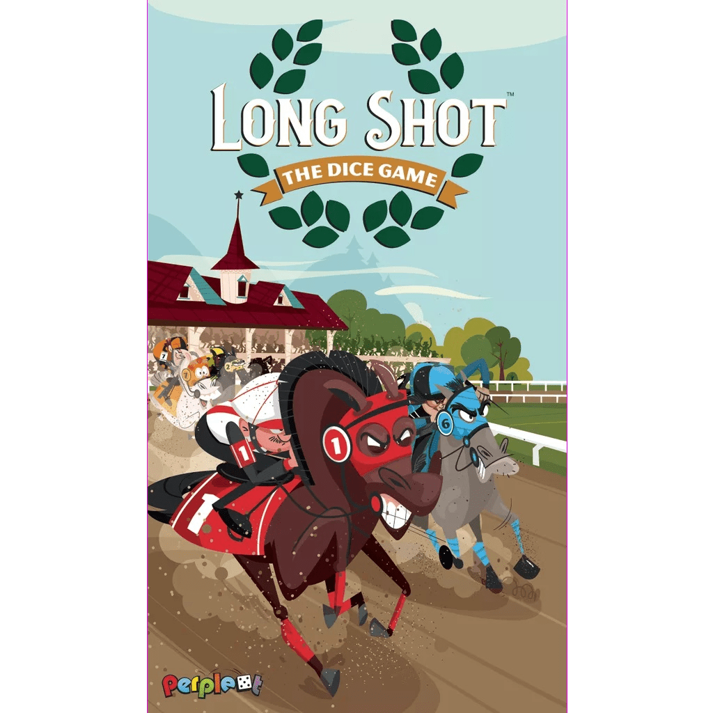 Illustrated cover of Long Shot: The Dice Game by Perplext, a horse racing board game with animated horses on a track, lively crowd, grandstand, and the title above framed by green laurel leaves in this push-your-luck adventure.